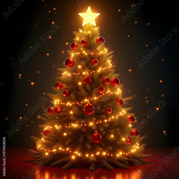 Fototapeta Illuminated Christmas Tree Decorated with Red Ornaments and Warm Yellow Lights Standing on Dark Red Wooden Floor Against a Dark Background with Falling Glittering Particles
