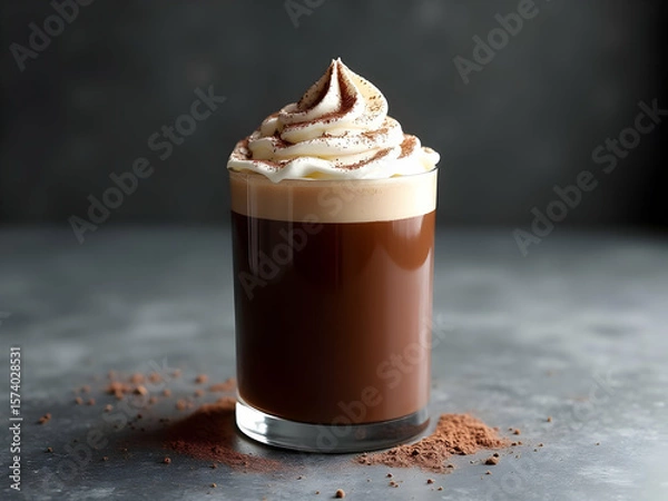 Fototapeta Rich Dark Chocolate Drink in Glass with Whipped Cream Topping and Cocoa Powder Garnish on Dark Gray Surface