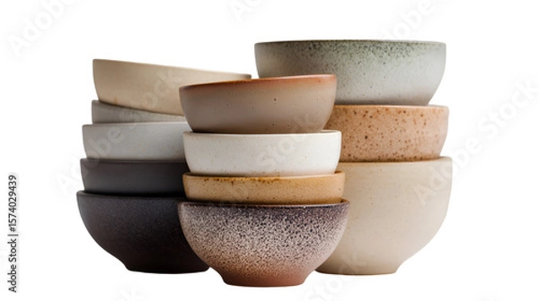 Obraz A stack of assorted ceramic bowls in neutral tones arranged against a dark background in a studio setting
