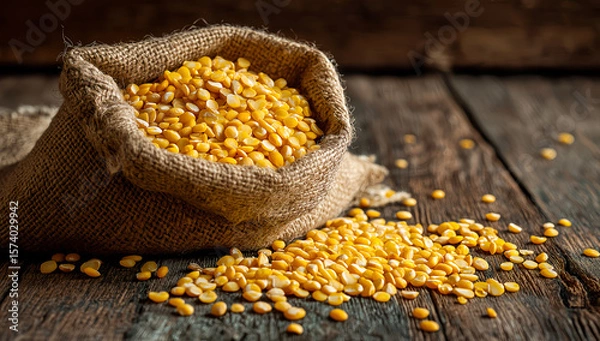 Fototapeta Rustic burlap sack filled with yellow soybeans on vintage wooden table under warm light in agricultural still life composition