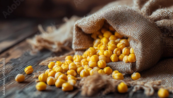 Fototapeta Rustic burlap sack filled with yellow soybeans on vintage wooden table under warm light in agricultural still life composition