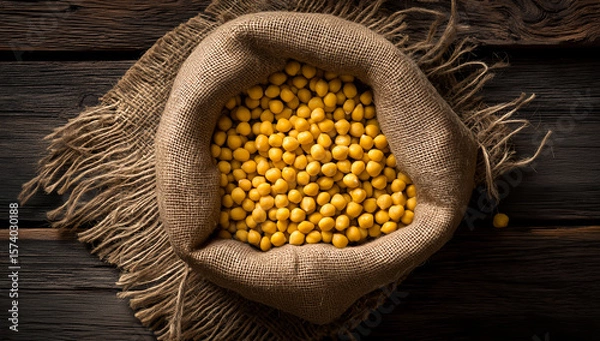 Fototapeta Rustic burlap sack filled with yellow soybeans on vintage wooden table under warm light in agricultural still life composition