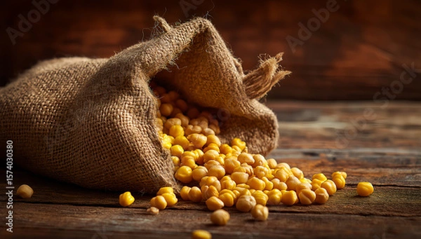 Fototapeta Rustic burlap sack filled with yellow soybeans on vintage wooden table under warm light in agricultural still life composition