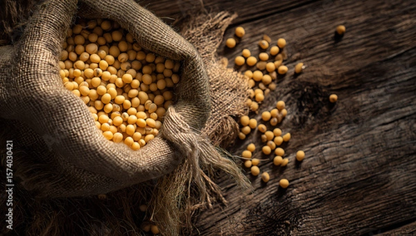 Fototapeta Rustic burlap sack filled with yellow soybeans on vintage wooden table under warm light in agricultural still life composition