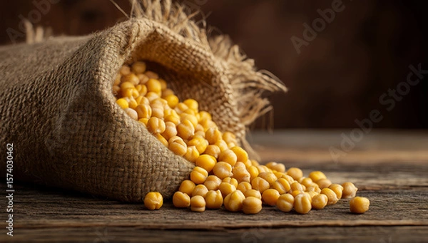 Fototapeta Rustic burlap sack filled with yellow soybeans on vintage wooden table under warm light in agricultural still life composition