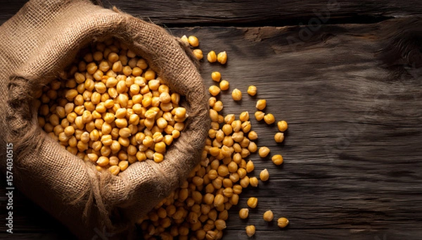 Fototapeta Rustic burlap sack filled with yellow soybeans on vintage wooden table under warm light in agricultural still life composition