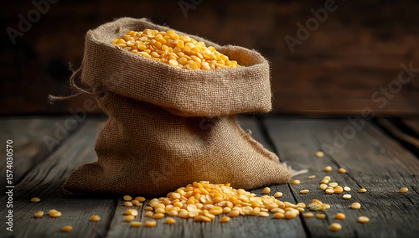 Fototapeta Rustic burlap sack filled with yellow soybeans on vintage wooden table under warm light in agricultural still life composition