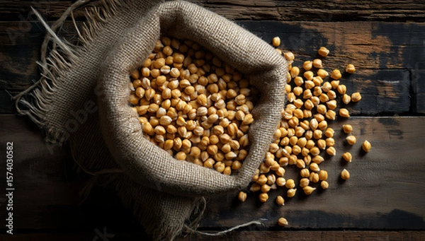 Fototapeta Rustic burlap sack filled with yellow soybeans on vintage wooden table under warm light in agricultural still life composition
