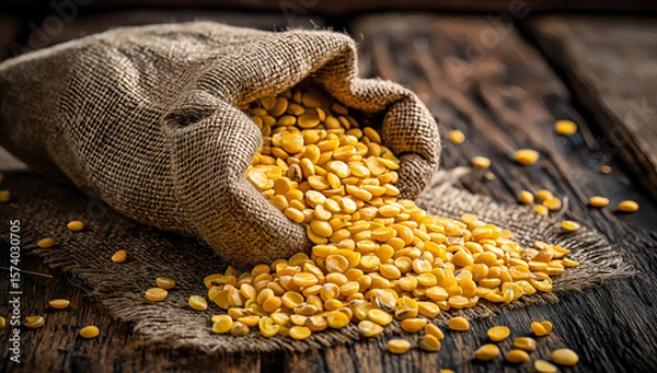 Fototapeta Rustic burlap sack filled with yellow soybeans on vintage wooden table under warm light in agricultural still life composition