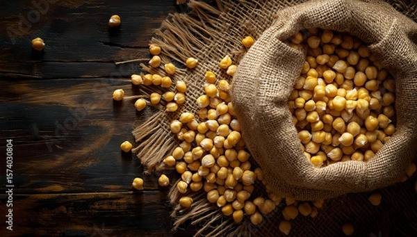 Fototapeta Rustic burlap sack filled with yellow soybeans on vintage wooden table under warm light in agricultural still life composition