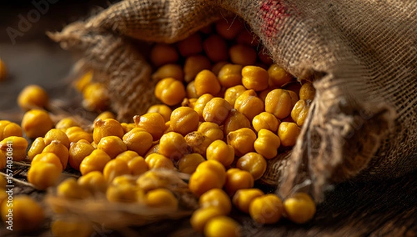 Fototapeta Rustic burlap sack filled with yellow soybeans on vintage wooden table under warm light in agricultural still life composition