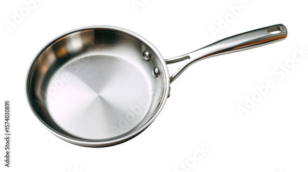 Obraz A shiny stainless steel frying pan with a long handle isolated against a black background space