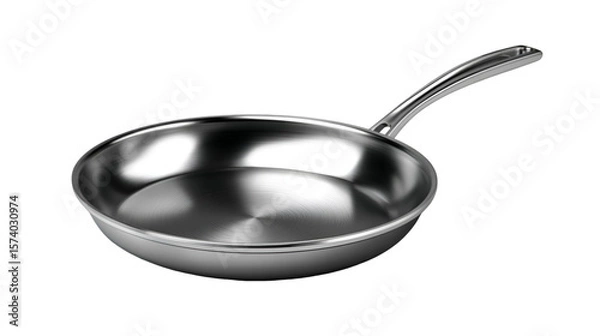 Obraz A stainless steel frying pan with a long handle is displayed against a black background in a studio shot