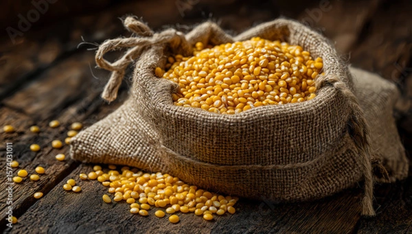 Fototapeta Rustic burlap sack filled with yellow soybeans on vintage wooden table under warm light in agricultural still life composition