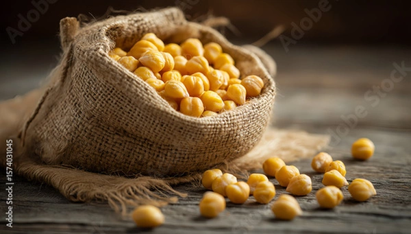 Fototapeta Rustic burlap sack filled with yellow soybeans on vintage wooden table under warm light in agricultural still life composition