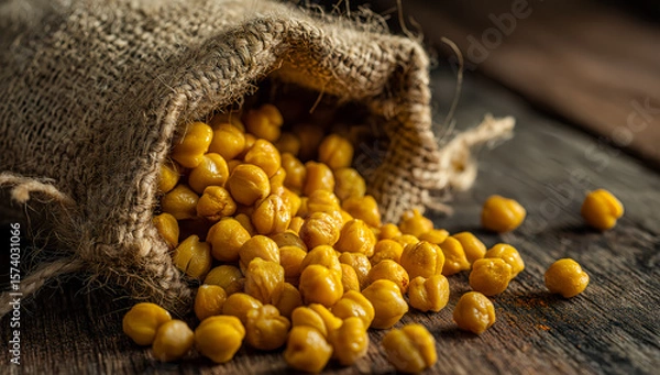 Fototapeta Rustic burlap sack filled with yellow soybeans on vintage wooden table under warm light in agricultural still life composition