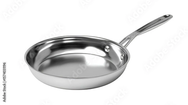 Obraz A shiny stainless steel frying pan with a long handle on a black background in a studio shot