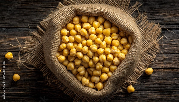 Fototapeta Rustic burlap sack filled with yellow soybeans on vintage wooden table under warm light in agricultural still life composition