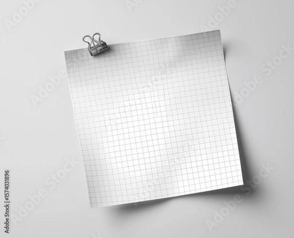 Fototapeta Blank squared paper sheet clipped with metal binder against white background in minimalist office stationery flat lay

