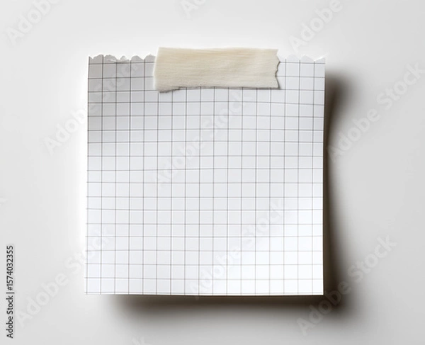 Fototapeta Blank squared paper sheet clipped with metal binder against white background in minimalist office stationery flat lay

