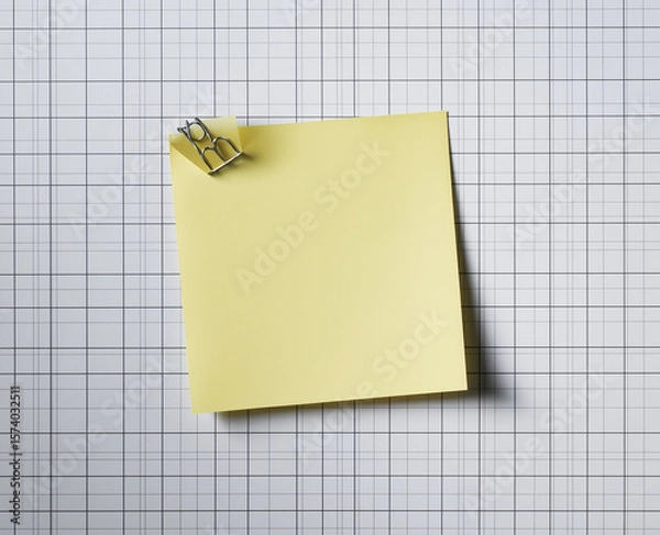 Fototapeta Blank squared paper sheet clipped with metal binder against white background in minimalist office stationery flat lay

