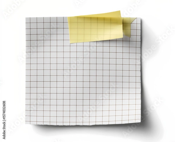 Fototapeta Blank squared paper sheet clipped with metal binder against white background in minimalist office stationery flat lay

