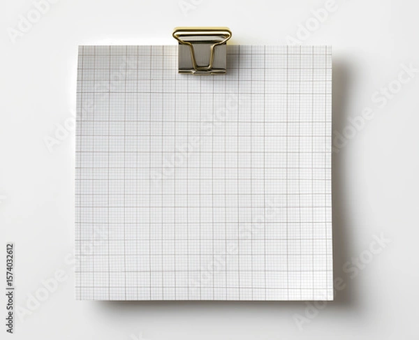 Fototapeta Blank squared paper sheet clipped with metal binder against white background in minimalist office stationery flat lay


