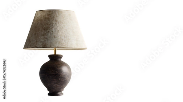Obraz A lamp with a beige shade and a dark brown base is displayed against a black background in the image
