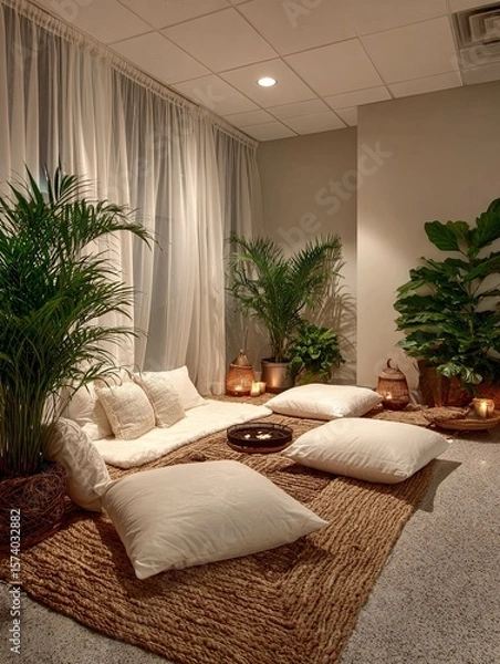 Fototapeta Peaceful meditation space with soft lighting and natural textures in a holistic wellness center, designed for mindfulness, relaxation, and inner balance practice

