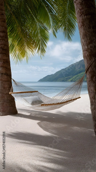 Obraz Tranquil beach scene featuring a hammock suspended between palm trees, overlooking a serene ocean with gentle waves and distant mountains, evoking relaxation and escape