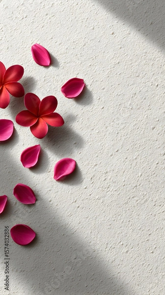 Obraz Vibrant pink flower petals scattered on a textured light background, creating a serene atmosphere, perfect for decorative or artistic purposes with copy space