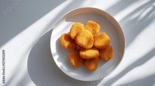 Obraz Golden-brown chicken nuggets arranged on a white plate, illuminated by soft natural light, creating a warm and inviting atmosphere for food photography