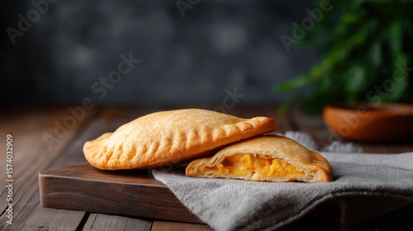 Obraz Golden-brown baked pastry filled with creamy cheese, placed on a wooden board, accompanied by a soft cloth, showcasing delicious texture and inviting presentation