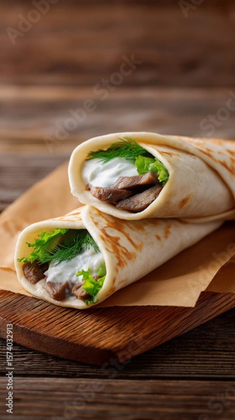 Obraz Delicious wraps filled with tender meat, fresh greens, and creamy sauce, served on a wooden board, showcasing a mouthwatering culinary delight for food enthusiasts