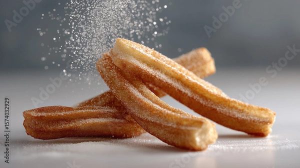 Obraz Delicious churros dusted with sugar, arranged artistically on a clean surface, showcasing their crispy texture and golden-brown color, perfect for dessert lovers and culinary enthusiasts