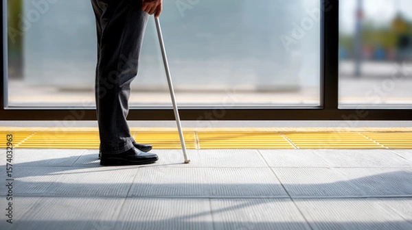 Obraz Individual standing with a white cane, wearing formal attire, near a large window with bright natural light, showcasing accessibility and independence in urban environment