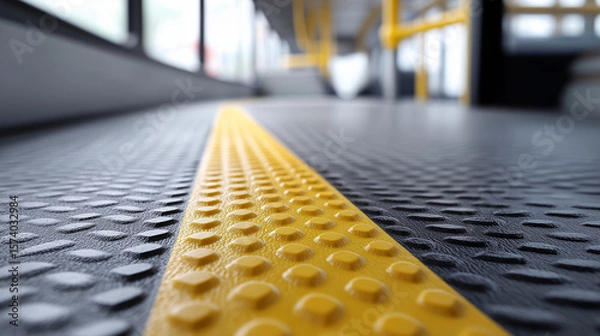 Obraz Close-up view of textured rubber flooring with yellow safety line in public transport vehicle, showcasing modern design and functionality for passenger safety and comfort