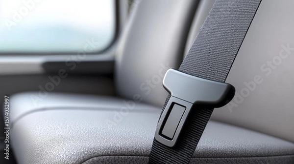 Obraz Close-up of a black seatbelt buckle on a modern vehicle seat, showcasing safety features and design elements, emphasizing comfort and security in automotive interiors