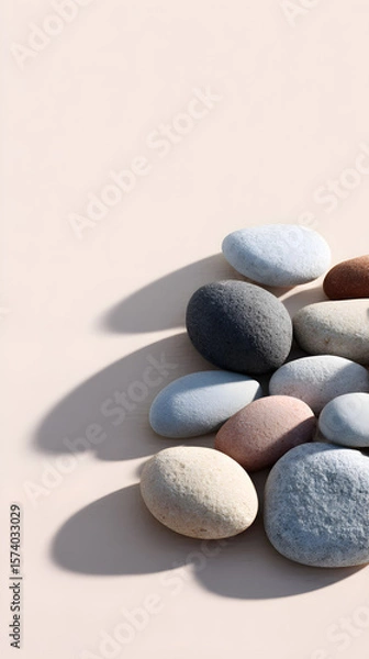 Obraz Collection of smooth, colorful pebbles arranged artistically on a soft surface, showcasing natural textures and shadows, perfect for backgrounds or decorative elements in design projects