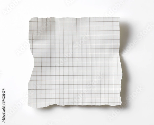 Fototapeta Blank squared paper sheet clipped with metal binder against white background in minimalist office stationery flat lay

