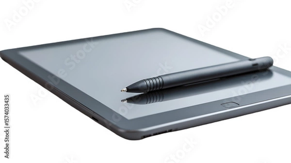 Obraz A gray tablet device with a black stylus pen resting on top of the screen in a dark environment