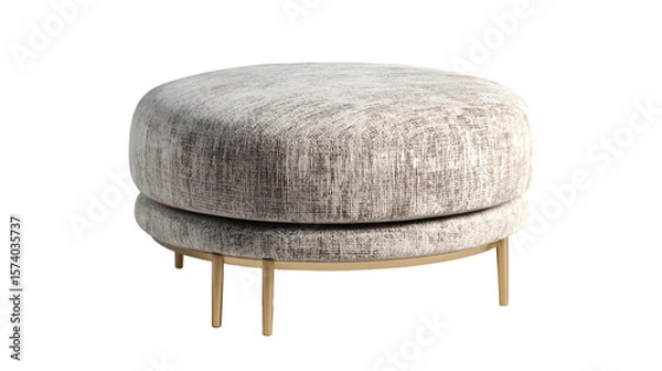 Obraz A round upholstered ottoman with a textured fabric and gold colored legs on a black background