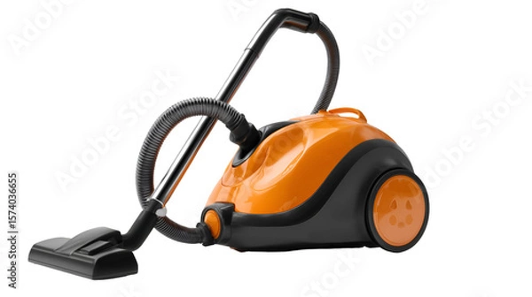 Obraz Close up shot of an orange and black vacuum cleaner on a black background in a studio setting
