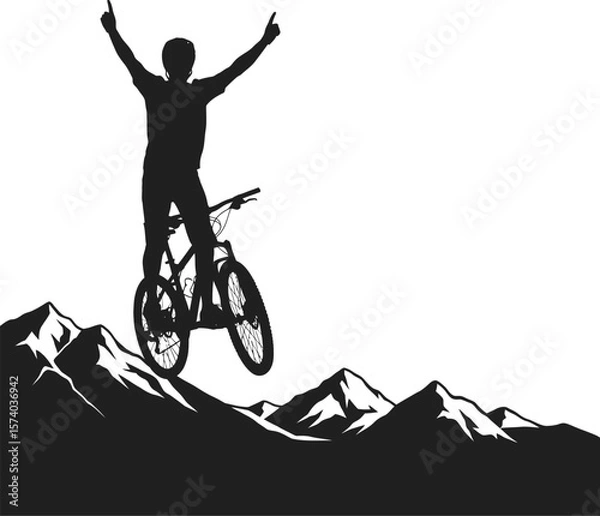 Obraz Dynamic Mountain Biker Silhouette - Rider on Mountain Peak Vector