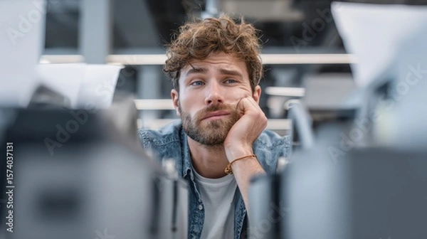 Fototapeta Customers concern service concept. Bored young man resting his chin on his hand in a modern workspace.