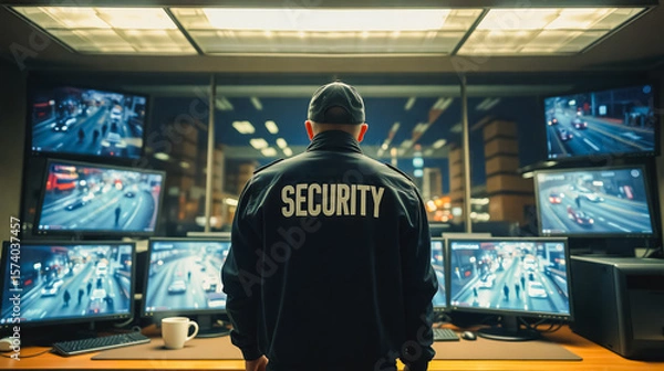 Fototapeta Traffic Surveillance Control Room - Security Guard Monitoring, A security guard attentively monitors traffic flow from a control room.