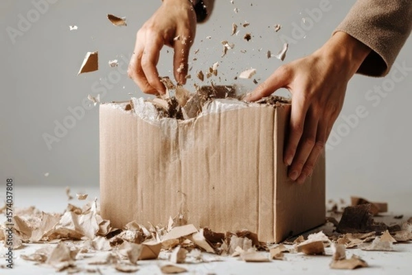Fototapeta Customers concern service concept. Hands breaking apart a cardboard box filled with crumpled paper and debris.