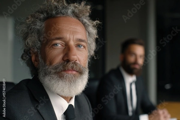 Fototapeta Corporate meeting engagement professional men in suits office setting high-quality image focused atmosphere close-up perspective