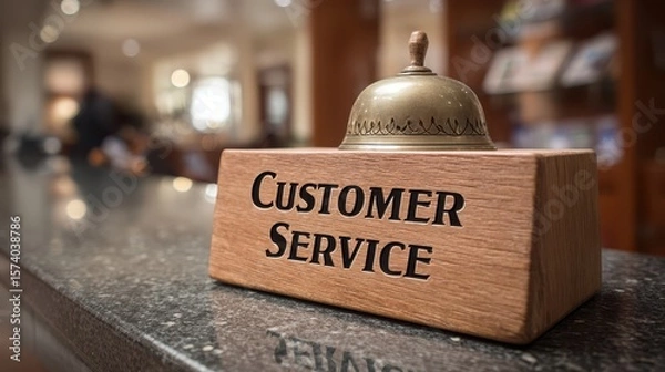 Fototapeta Customers concern service concept. Wooden customer service bell on a polished counter at a reception desk.