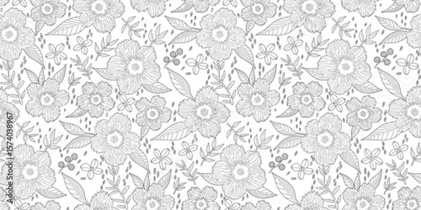 Fototapeta Seamless floral pattern with hand-drawn black outlines on a white background. Perfect for adult coloring books, fabric prints, wallpapers, packaging, and creative DIY projects.